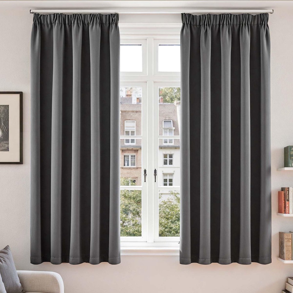 SnelShoppen - Opaque Gordijnen met Rimpelband 175 x 140 cm Set van 2 Donkergrijs Zwartout Curtains voor slaapkamer en woonkamer