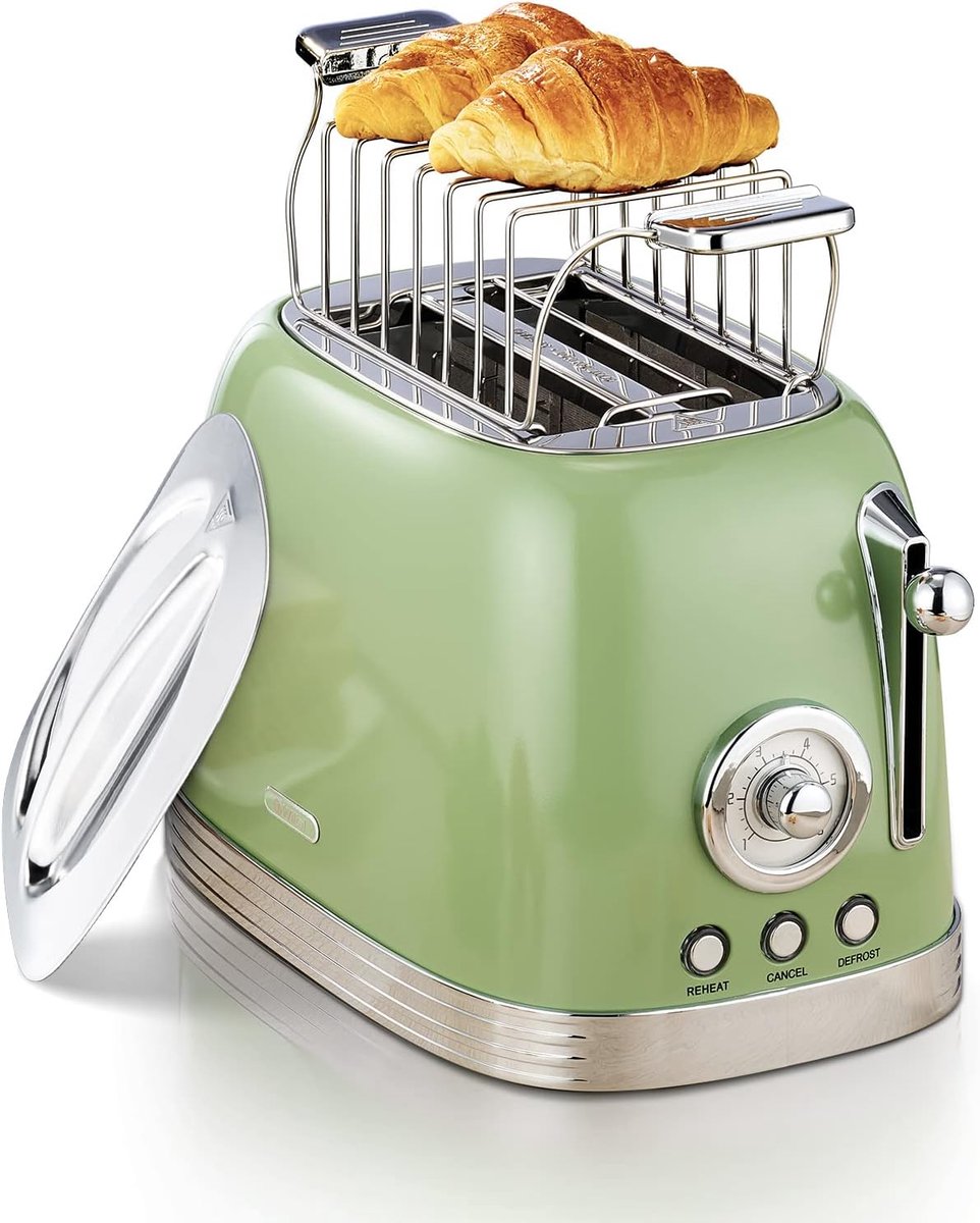 SnelShoppen - Retro Toaster 2 Sneden met Broodaccessoire, RVS Deksel, Voorverwarming, Groene Toaster voor Keuken en Ontbijt