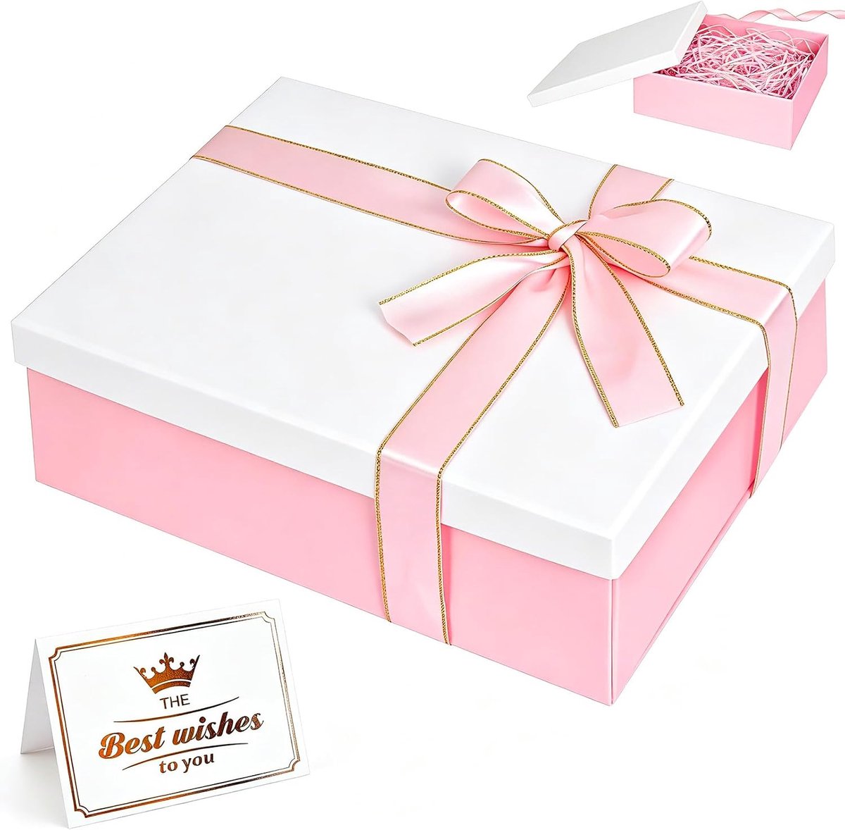 SnelShoppen - Elegante Roze Geschenkdoos 25 x 18 x 8,5 cm met Deksel, Opvouwbare Verpakking met Wenskaart, Raffiabast en Strik voor Verjaardag, Bruilo