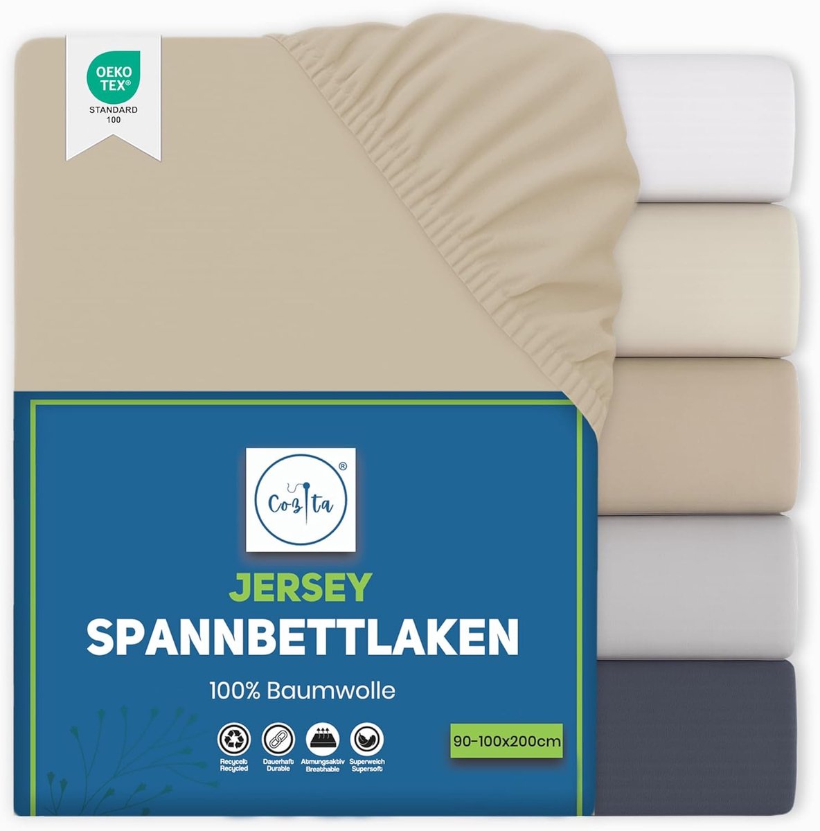 SnelShoppen - Fitted Sheet 90 x 200 cm, 100% Katoen Jersey, Oeko-Tex Certificaat, Tot 25 cm Matrashoogte - Beige, Perfect voor Bedden, Gastenkamers en
