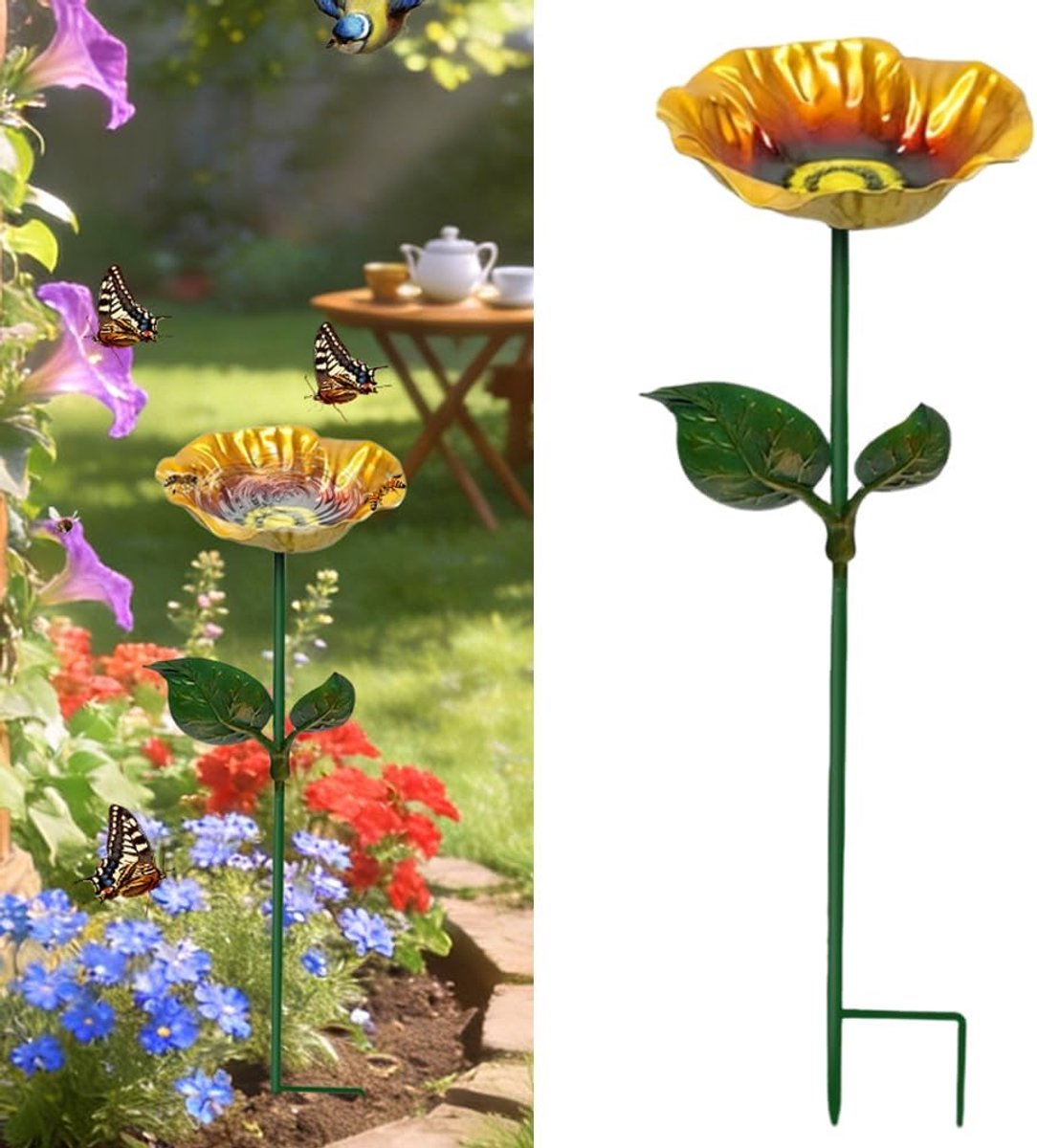 SnelShoppen - Handgemaakte Vogelbad Bloemen - Metalen Vogelbad voor Buiten - Decoratieve Tuinaccessoire op Voet - Voor Insecten, Vlinders en Vogels -