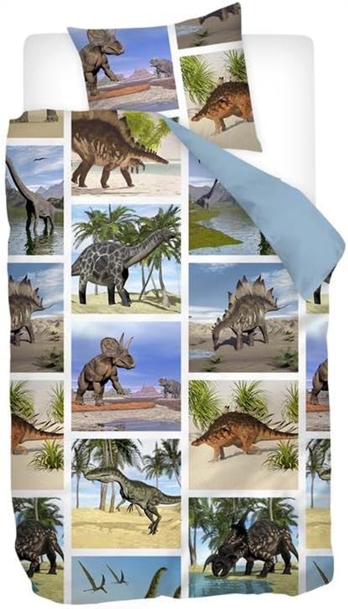 SnelShoppen - Snoozing Dinosaur Dekbedovertrek 120x150 cm met Kussenhoes 60x70 cm - Flanel, Multicolor, Kinderen, Dinosaurus Design, Zacht en Warm