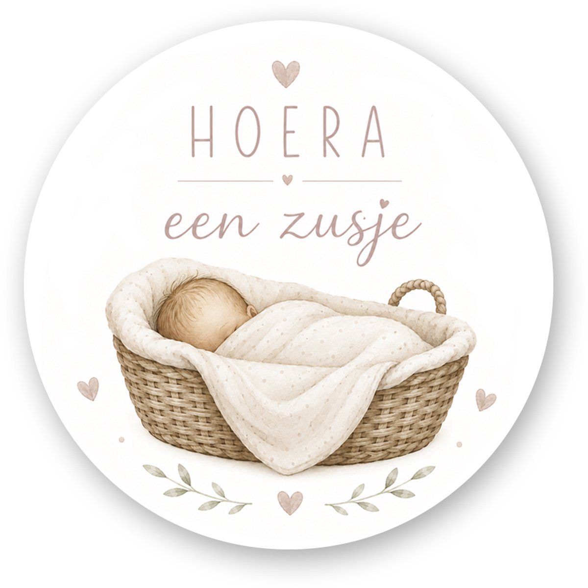 Sluitsticker Hoera een Zusje – Geboorte Sluitzegel Baby Meisje - Rieten Mandje