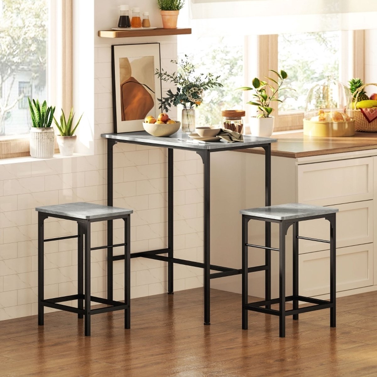 OKWISH Bartafelset – 1 Bartafel En 2 Barkrukken – 80 X 50 X 87 Cm – Ruimtebesparend Voor Keuken En Eethoek – Metaal Grijs