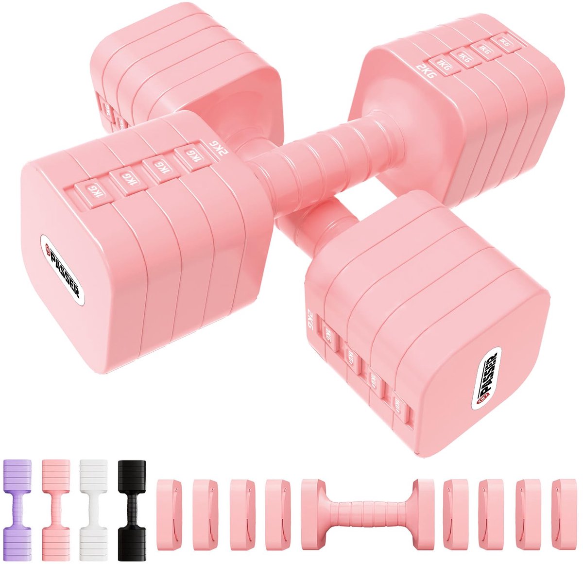 SnelShoppen - Passer 20 kg verstelbare halterset - 5-in-1 korte dumbbells - 2-delige set met gewichten (2/4/6/8/10 kg) - ideaal voor fitness, thuisgym