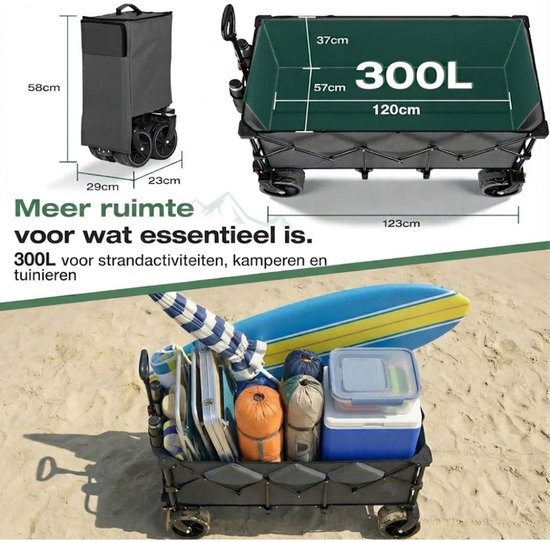 JCP® Bolderkar - Opvouwbare Handkar - Opvouwbare Bolderkar 300L - Grijs - 123cm x 57cm x 97cm van Jcp — afbeelding 2