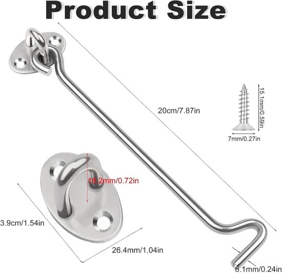 SnelShoppen - 3 Pack Storm Hooks met Oog, 20 Inch RVS Cabin Hooks, 201 RVS Deursluiting Zilver voor Deuren, Vensters, Kasten en Huisdieren van Snelshoppen — afbeelding 5