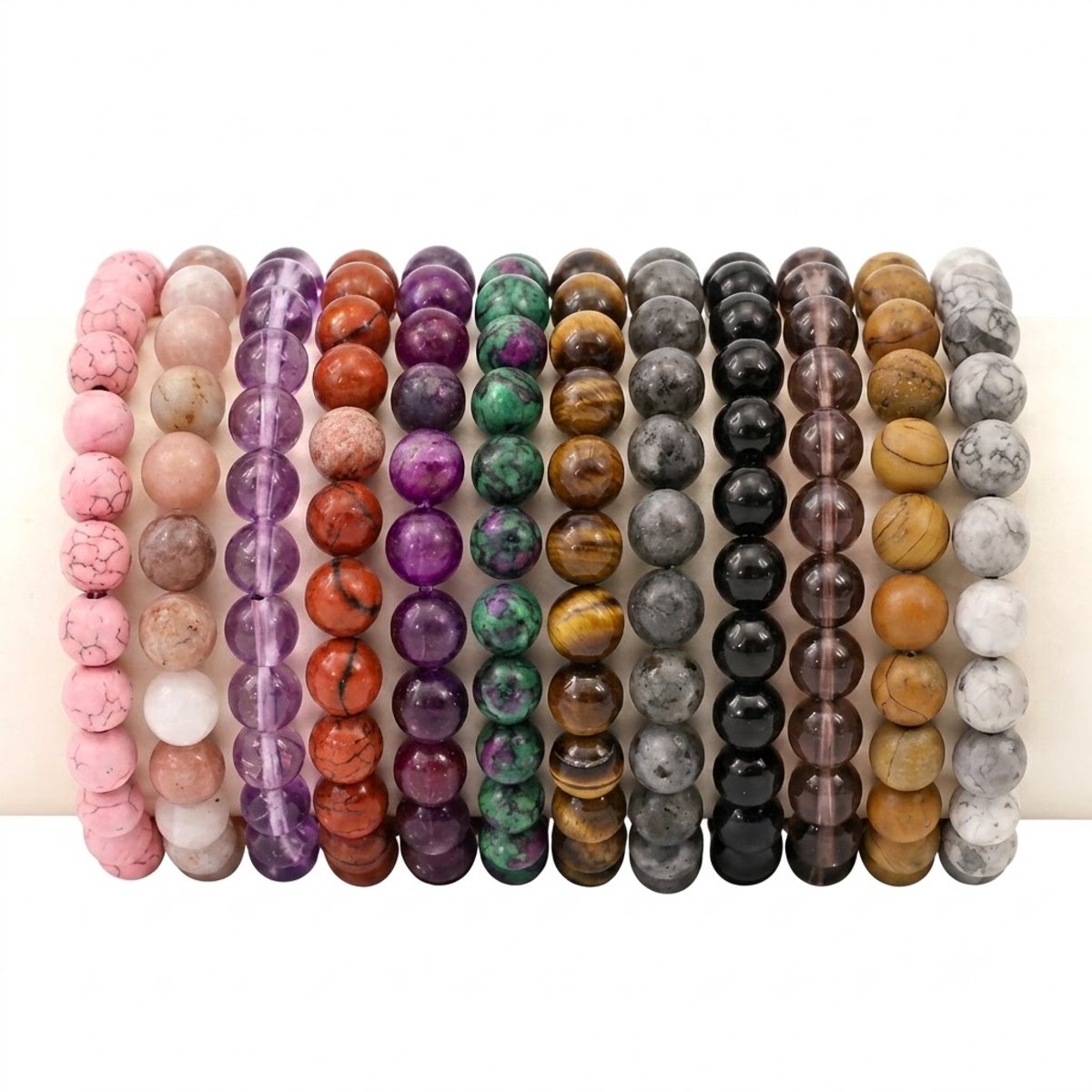 Set van 12 elastische kralen armbanden voor heren en dames – unisex – diverse kleuren en patronen – ronde kralen