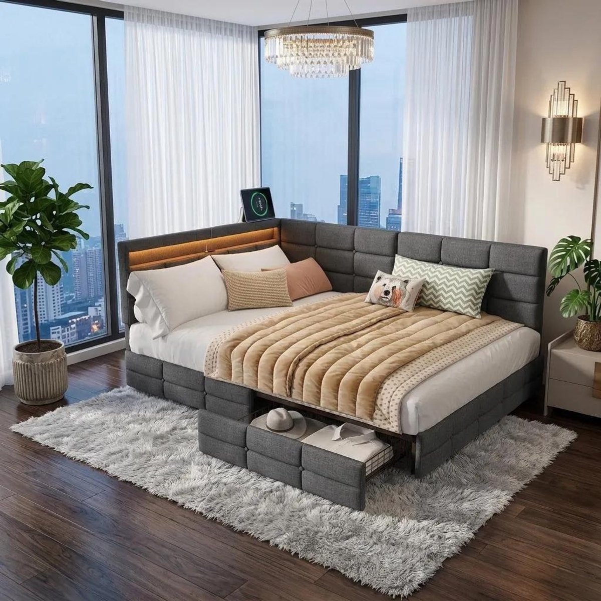 Gestoffeerd bed 140x190 cm met LED en USB, tweepersoonsbed met opbergruimte en lattenbodem,2 laden,slaapbank met rugleuning voor jongerenbed, linnen Grijs, zonder matras