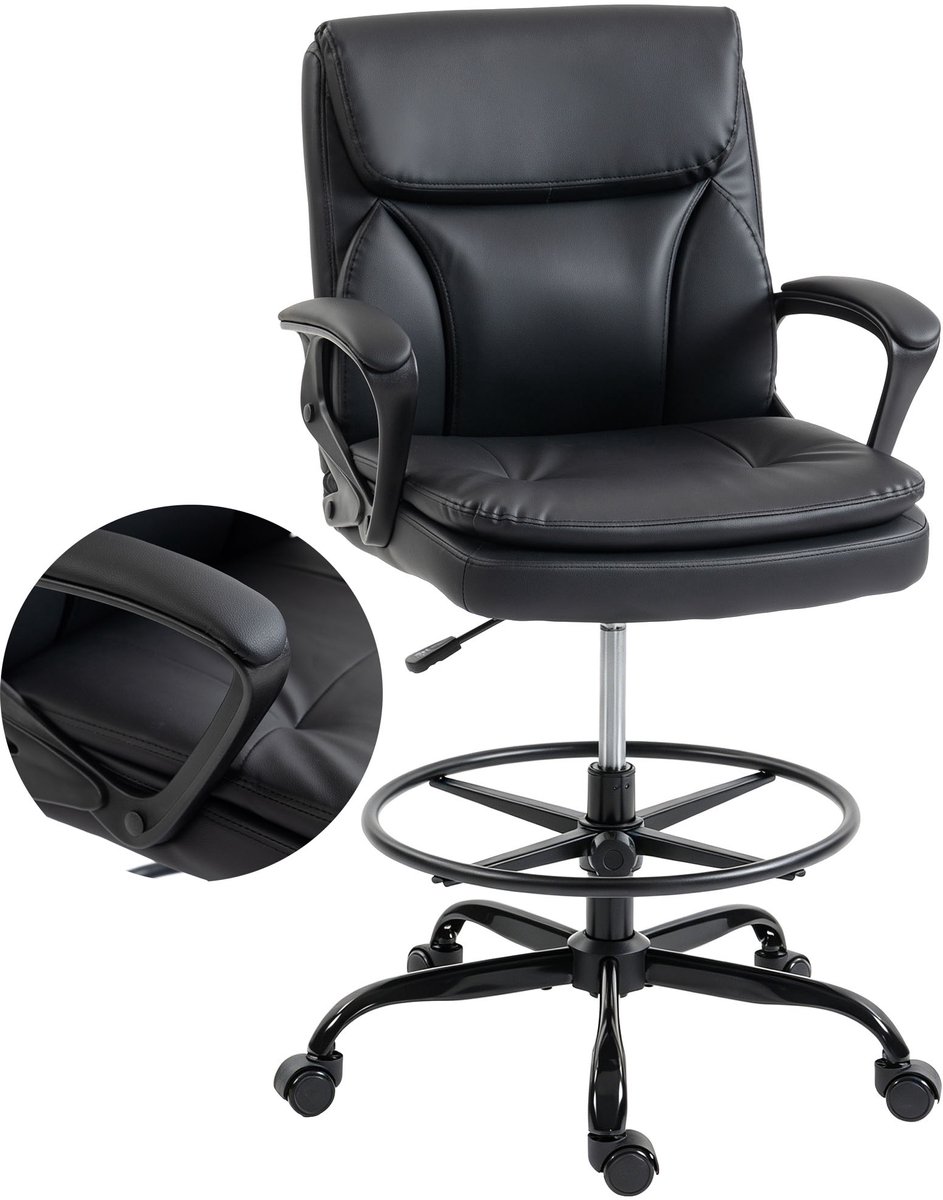 TEKROA® Ergonomische Hoge Bureaustoel - Kunstleer met Voetensteun & Armleuningen - Verstelbaar - Tot 120 kg - Zwart