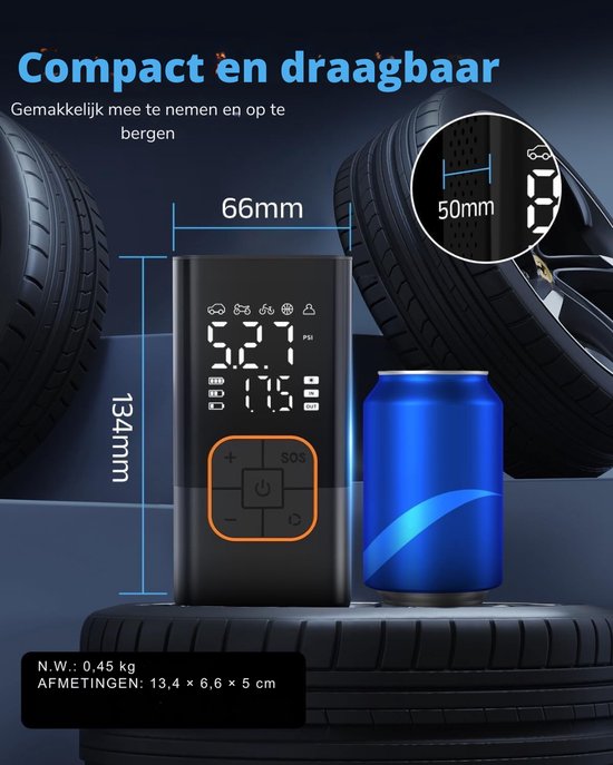 Thuys - Elektrische Draadloze Bandenvuller 150 PSI - 4000mAh - 20L/min - LED Display - Zaklamp - USB-C - voor Auto - Fiets en Motor van Thuys — afbeelding 3