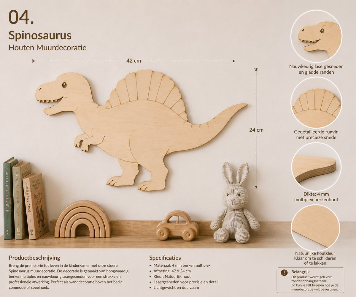 Houten Spinosaurus Muurdecoratie – Dino Wanddecoratie Kinderkamer – Berkenmultiplex