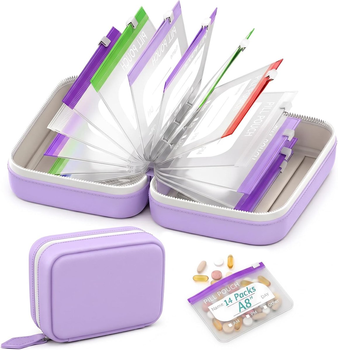 Pillendoos - medicijndoos reizen - Waterdichte Pillenzak Set - met 14 Afsluitbare Medicijntassen - Draagbare pilhouder voor vakantie en dagelijks gebruik - paars