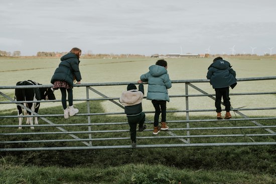 Vier kinderen op een hek in een weiland, drie dragen Koko Noko parka jassen.