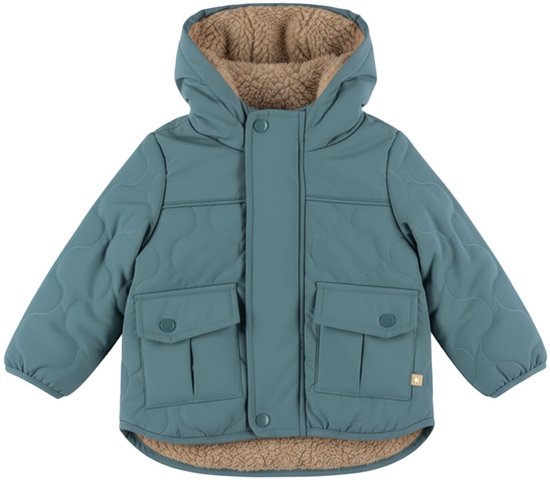 Blauwe, gewatteerde winterjas met teddy voering, capuchon en twee klepzakken.