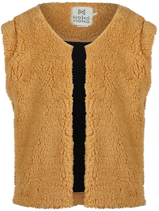 Okergeel gilet van zachte imitatiebontstof met het Koko Noko logo in de kraag.