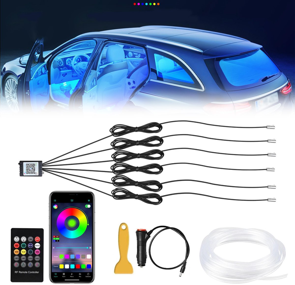 LED-sfeerverlichting voor auto-interieur - 6-in-1 lichtstrip - Ondersteunt app-bediening - 8 meter glasvezelkabel - RGB-interieurverlichting - Sfeerverlichting - Accessoires voor auto-interieurverlichting - Koele glasvezelkabel met zeven kleuren