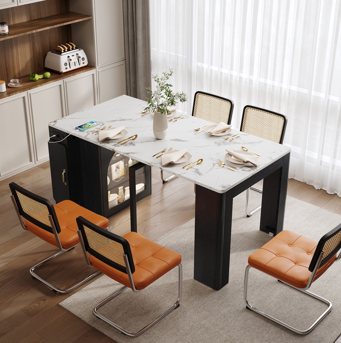 COVREO Eettafel 83x39,6-149,6x77 cm - zwart wit, uitschuifbaar, met opbergruimte en verborgen wielen