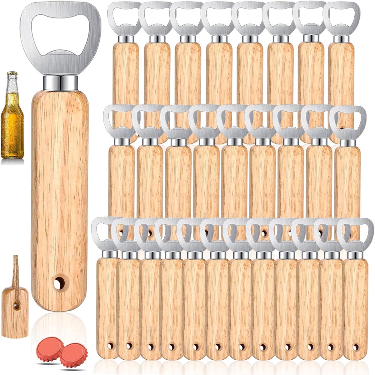 SnelShoppen - 30 Pcs Houten Flessenopeners, Draagbare Flessenopener met Houten Handvat, Robuuste Bieropener voor Thuis, Keuken, Bar, Feest en Camping