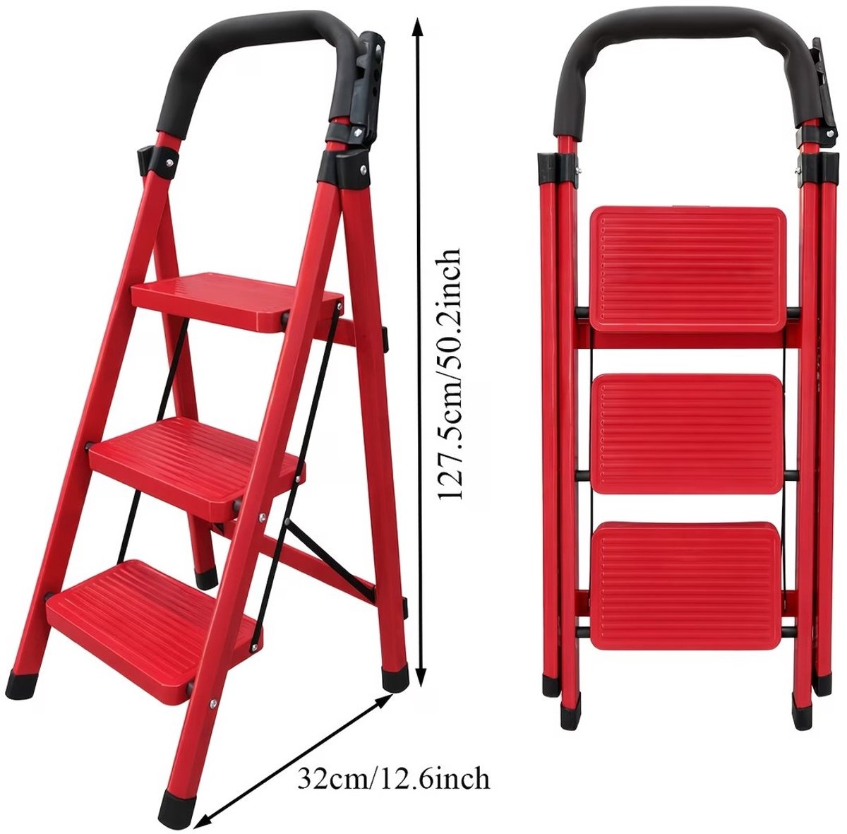 Verbrede antislip opvouwbare ladder met veiligheidsleuning - 3 treden - Rood- 150 kg draagvermogen.