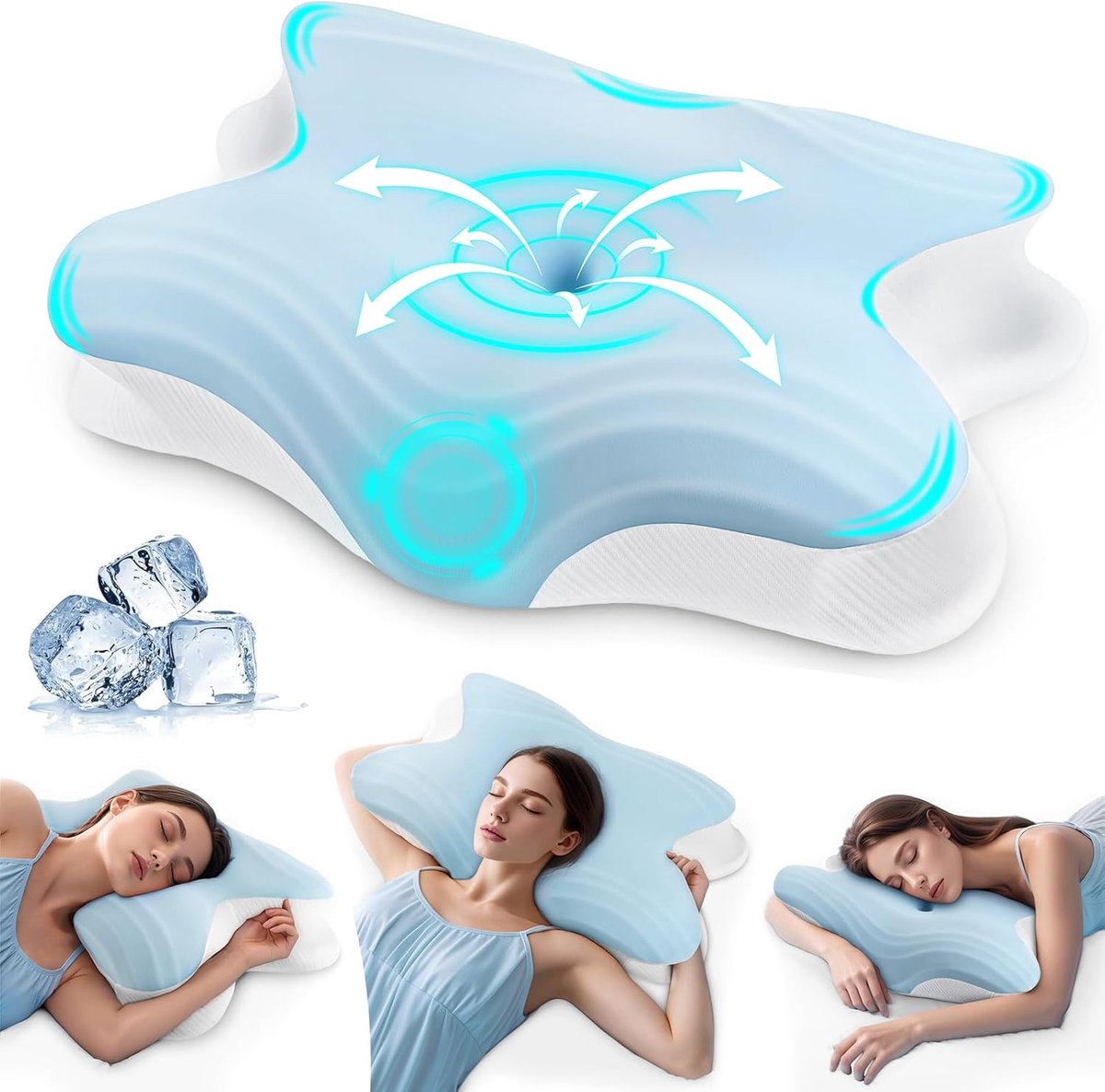 SnelShoppen - Hoofdkussen 2-in-1 Ergonomisch Nekkussen Traagschuim Memory Foam 62x42x13/11 cm Hemelsblauw voor Alle Slaaphoudingen