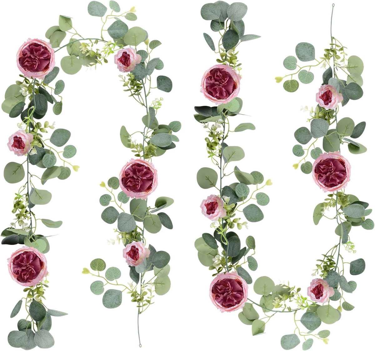 SnelShoppen - Kunstmatige Eucalyptus Bloemenkrans met Pioenroos, 2 Stuks Neprozen Bloemenguirlande voor Bruiloft, Thuis, Feest, Tafel Decoratie (Roze)
