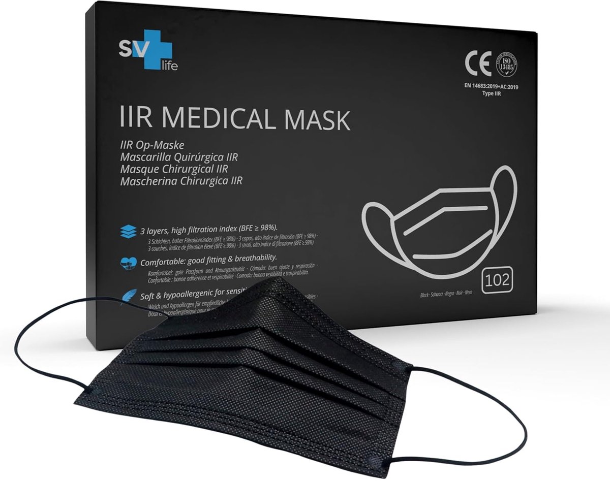 SnelShoppen - 102 Stuks Medische Mondmaskers Type IIR | CE-Gecertificeerd, 3 Laags (BFE>99%) | Wegwerp Mondkapjes - Comfortabele Zwarte Maskers met El