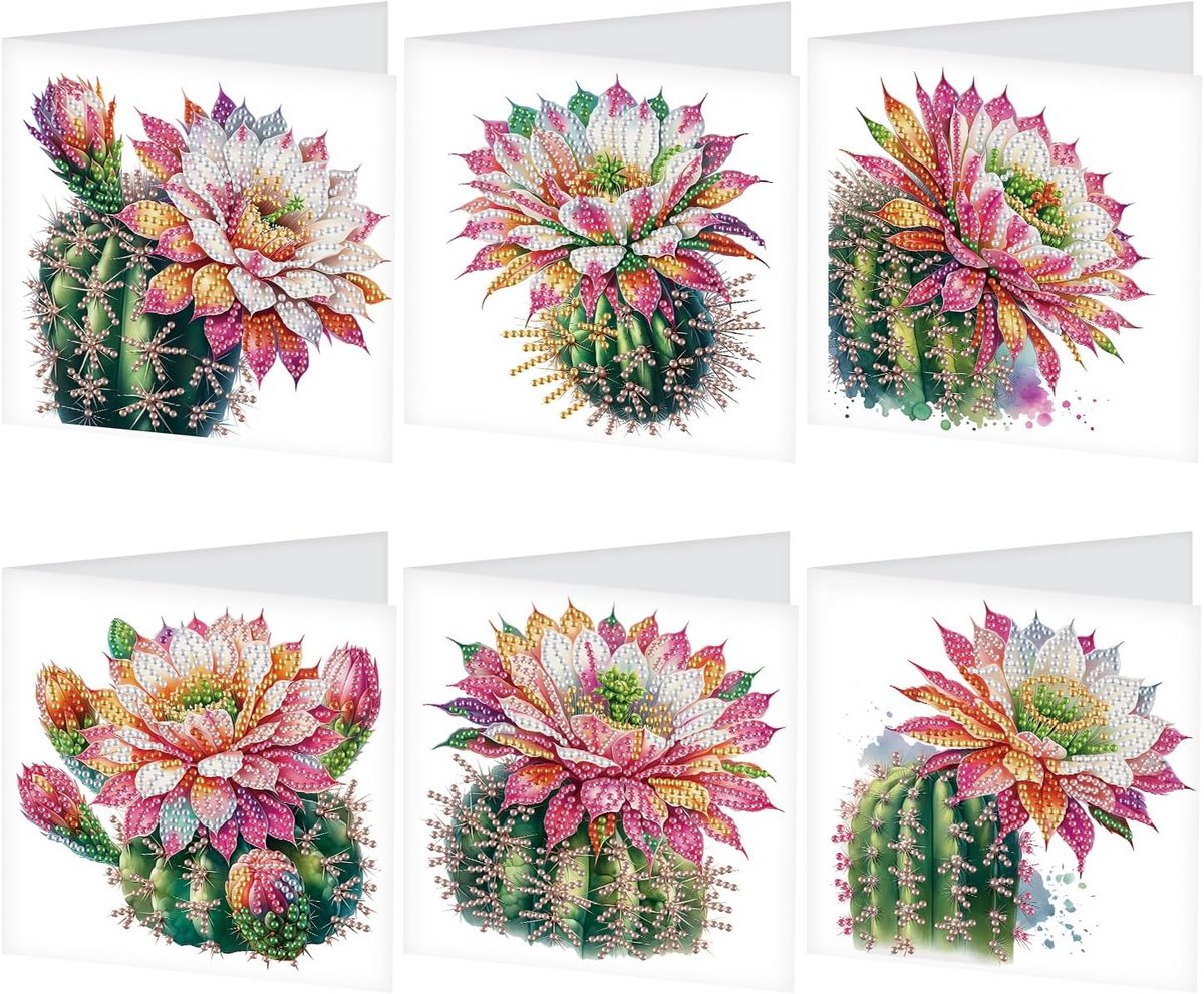SnelShoppen - 6 Stuks Diamant Schilderen Wenskaarten Set Bloemen Cactus Lotus - Creatieve Verjaardag, Bedank, Zegen & Feestkaarten - Perfect voor Begi