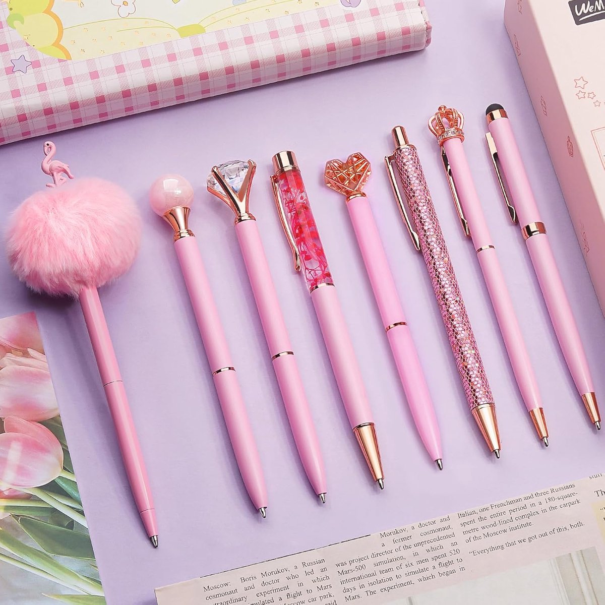 SnelShoppen - 8-delige Balpen Set met Crystal Diamant Design Glitterpennen in Roze Goud, Luxe Schrijfpennen voor Dagboek, Creatief Schrijven, Kantoor