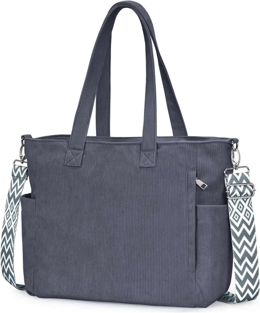 SnelShoppen - Cord Tote Bag Shopper Dames Schoudertas Met Verstelbare Schouderband, Grote Handtas voor Vervoer, Winkelen en Reizen, Donkergrijs, 40.5x