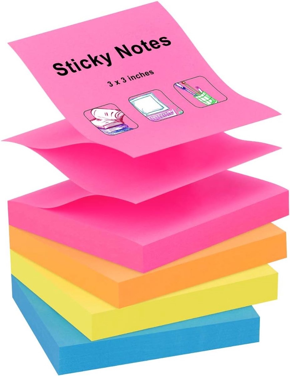 SnelShoppen - Pop-up Sticky Notes 76x76mm, 4 Pads Assorted Colors, Zelfklevende Notities, 100 Vellen per Pad, Roze, Geel, Blauw, Oranje voor Kantoor,