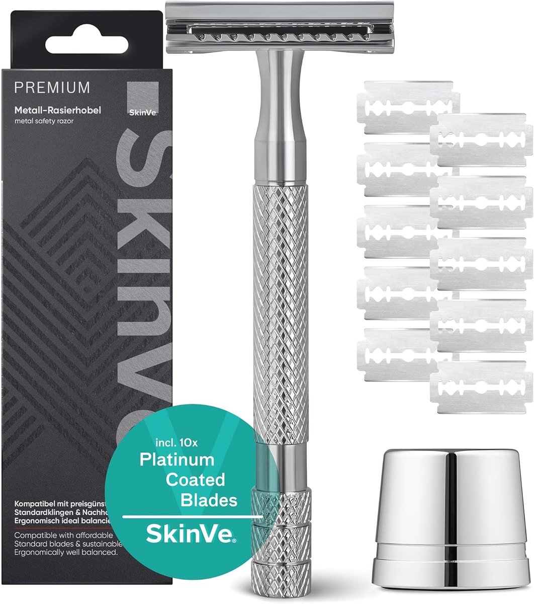 SnelShoppen - Premium Scheermes met Stand in Zilver-Chroom - Inclusief 10 Scheermesjes - Duurzaam Zero Waste Safety Razor voor Mannen en Vrouwen - Pla