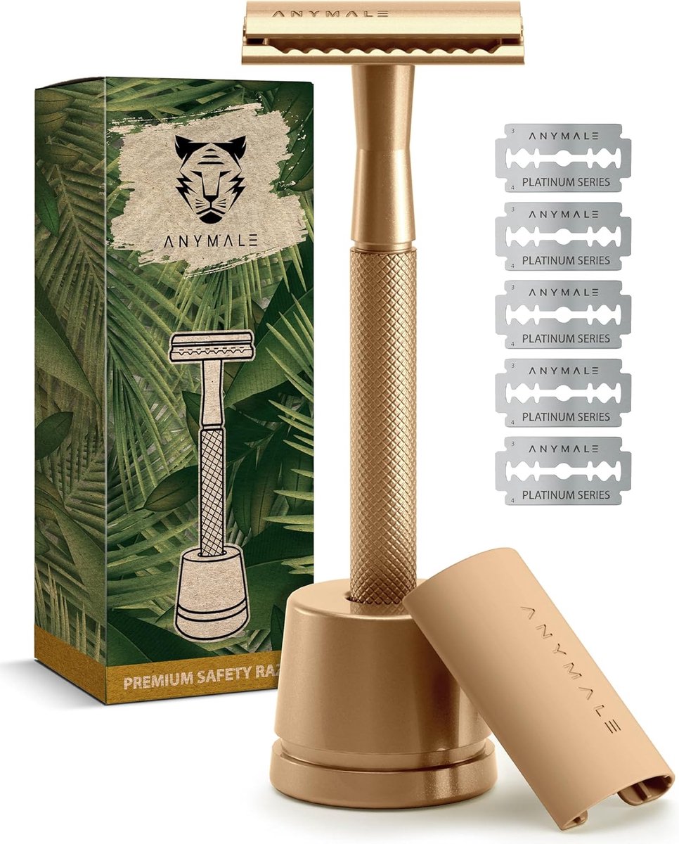 SnelShoppen - Gold Edition Safety Razor Dames Set met Stand en 5 ASTRA Scheermesjes - Duurzame Plastic Vrije Metalen Scheermes voor Zachte Huidverzorg