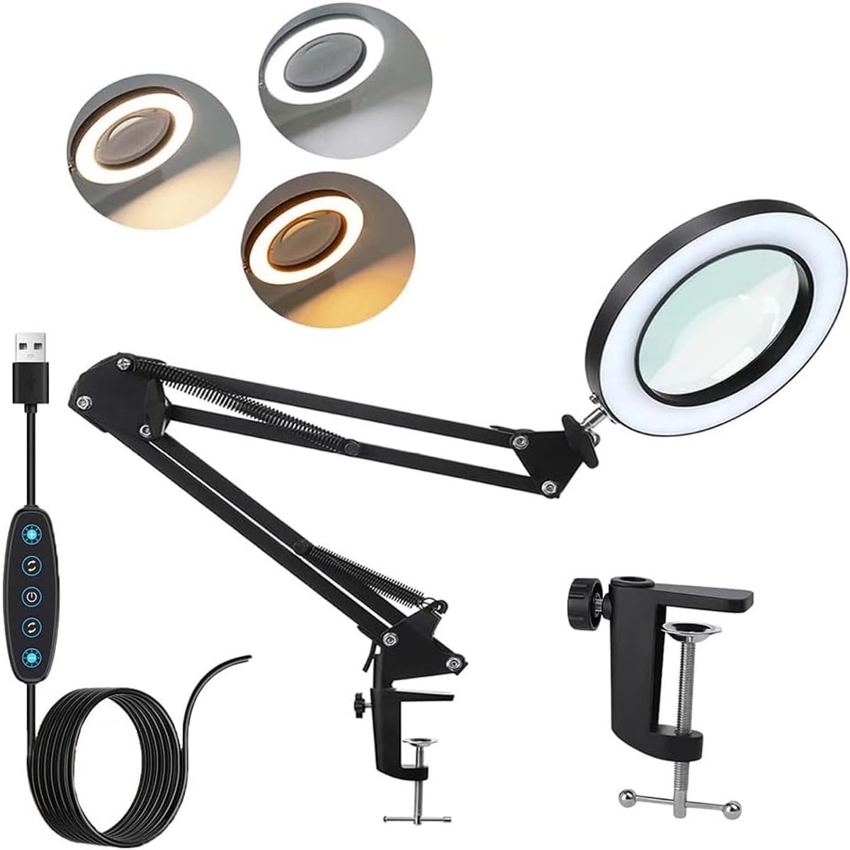 SnelShoppen - Vergrootglas met Licht, LED Magnifier Bureau Lamp, 3-Kleurige Instellingen, 10 Helderheidsniveaus Verstelbaar, Ideaal voor Hobby, Knutse