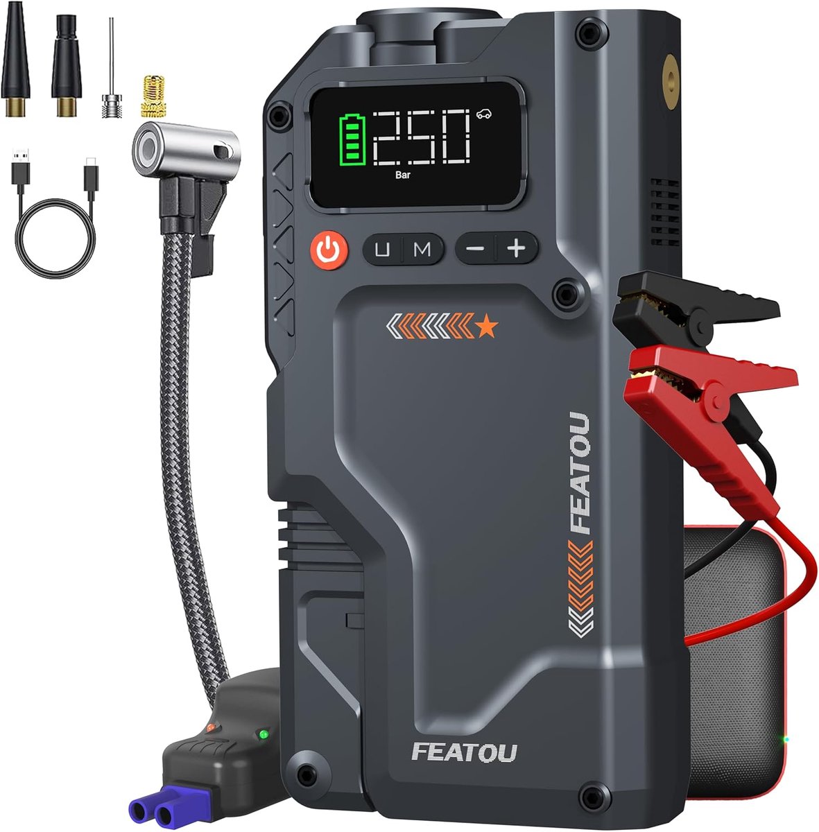 SnelShoppen - 8-in-1 Auto Starter Power Bank 4500A met Compressor, LED Verlichting, USB Oplaadfunctie en Banden Drukmeter - Handige Starter Hulp voor