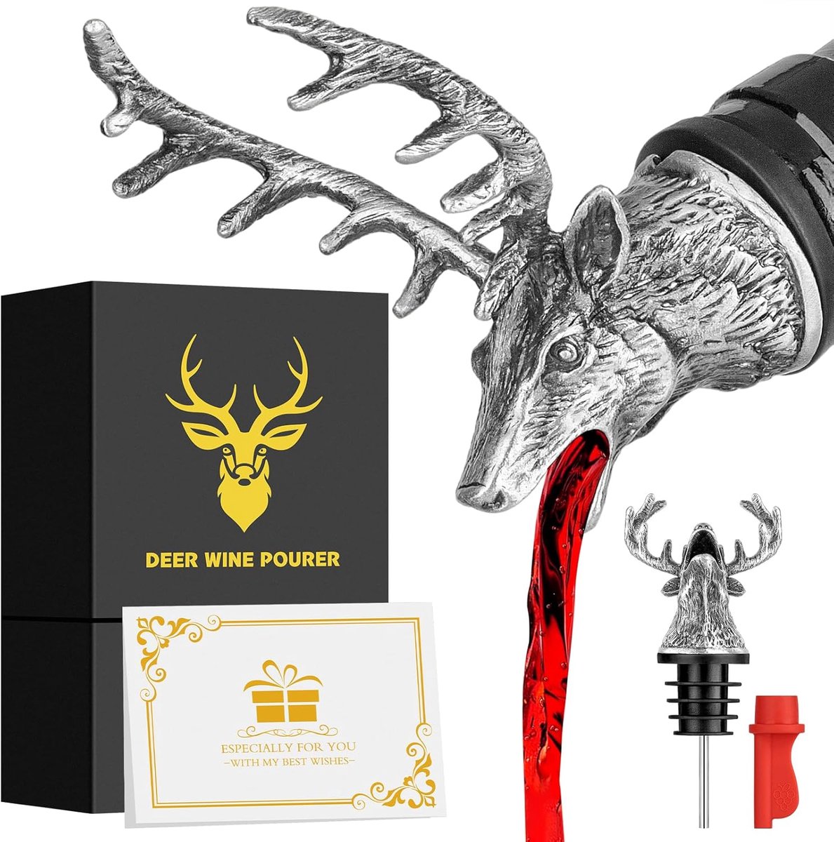 SnelShoppen - Deer Head Wijnfles Gietstopper en Stopper, 2-in-1 Pouring Spout, Cadeau voor Jagers, Mannen, Vader, Alcohol en Wijn Geschenken, Donker,