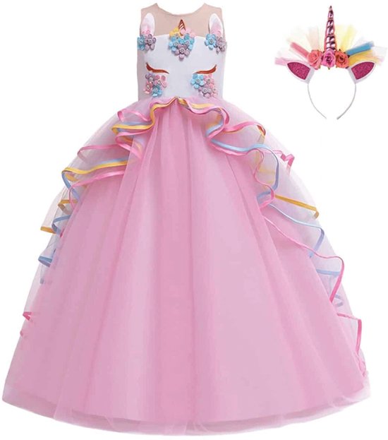 Roze prinsessenjurk met laagjes tule, regenboog linten, bloemenapplicaties en een bijpassend eenhoorn diadeem.