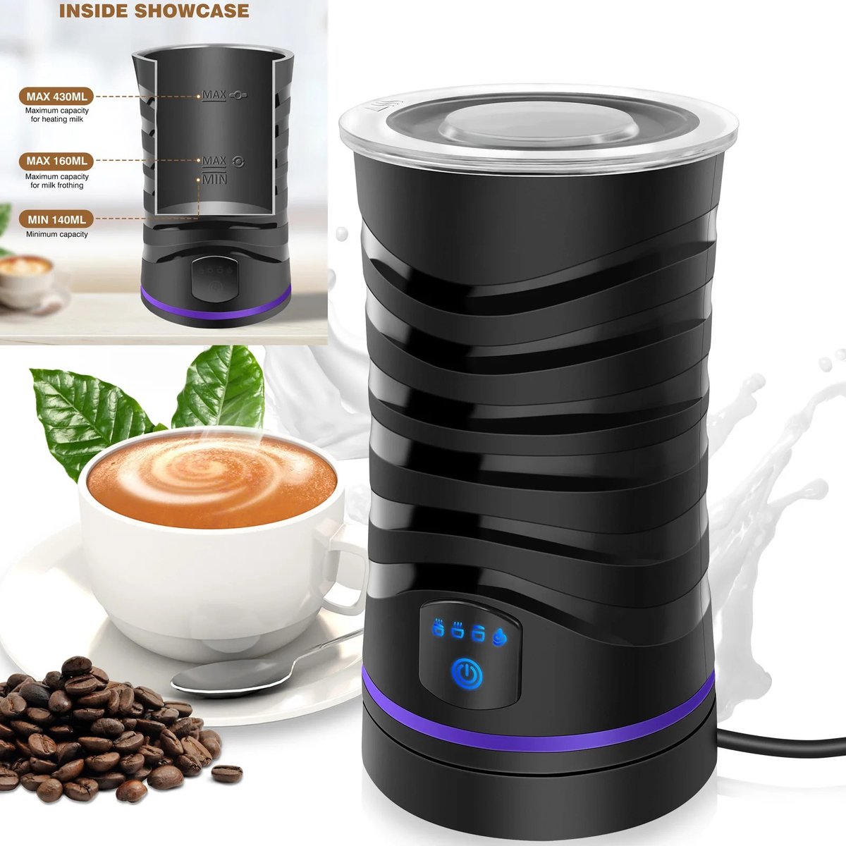 Cherrys Finds - Melkopschuimer elektrisch - Melkschuimer - 1500W - Zwart - Warm en koud schuim - Voor cappuccino en latte - 600ML - Zwart
