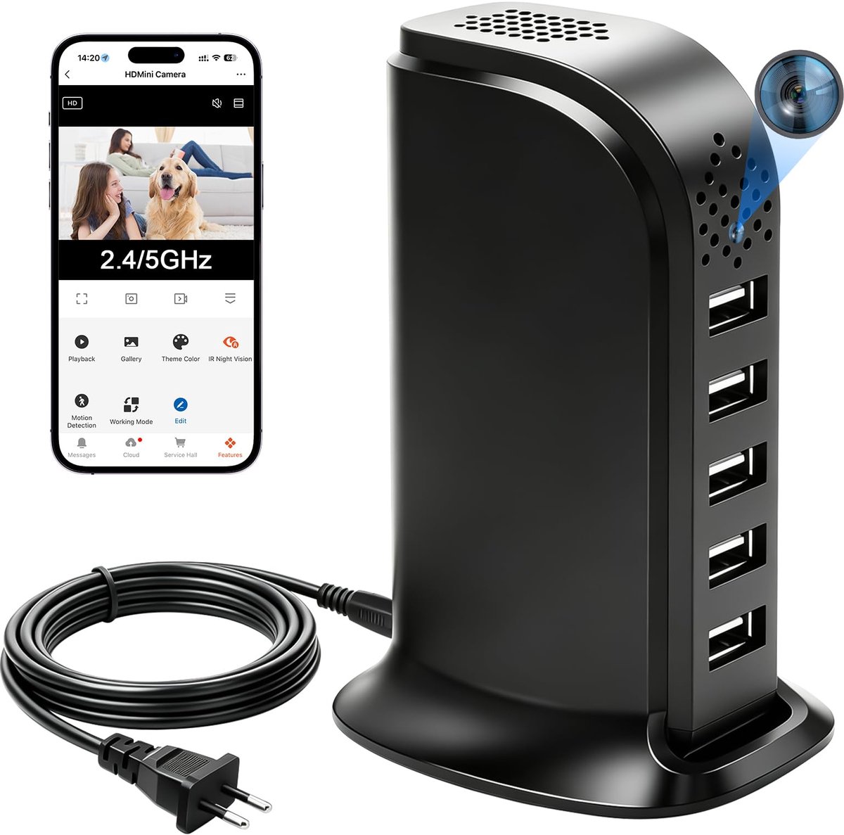 SnelShoppen - Verborgen Wi-Fi 5G-camera USB-oplader 5 poorten, Mini spionagecamera HD 1080P met bewegingsdetectie, Looprecorder voor thuis, kantoor en