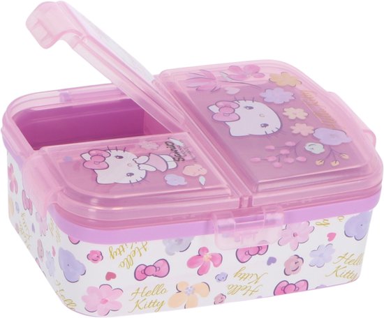 Boîte à lunch rose ouverte avec Hello Kitty et imprimé floral sur le couvercle et les côtés.