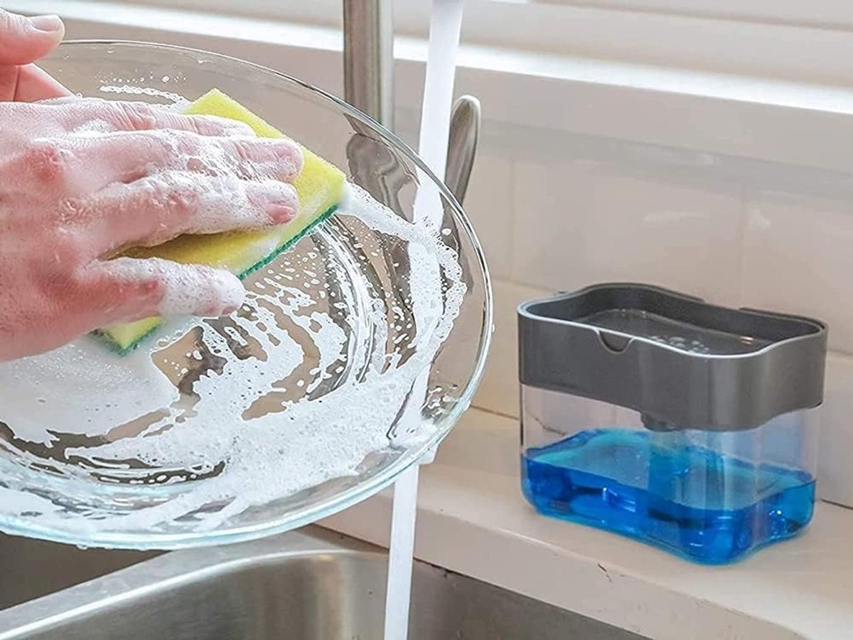 SnelShoppen - Detergent dispenser met geïntegreerde spons - grote capaciteit, gebruiksvriendelijk, handige all-in-one afwasmiddelhouder, compact ontwe