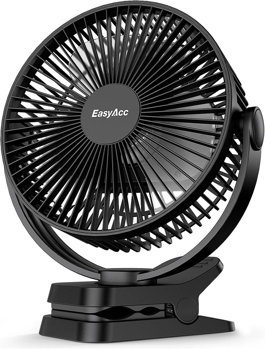 Clipventilator 20 cm met 10.000 mAh Accu - Oplaadbare Bureauventilator met Powerbank, Led-display en 5 Snelheden - 360° Draaibaar met Klem en Ophanghaak - Tot 36 Uur Gebruik
