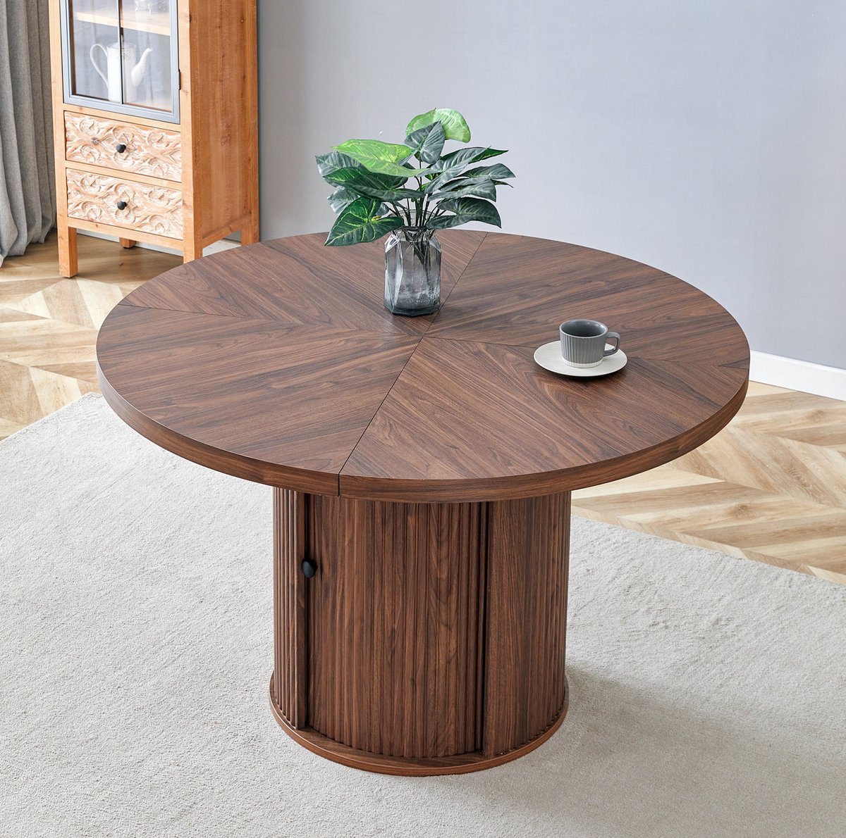 COVREO Ronde eettafel 115x115x74 cm – walnootkleur, MDF met opbergruimte, voor 4-6 personen