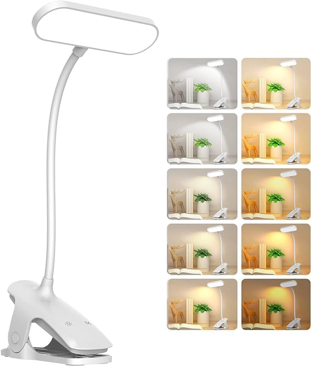 Anfanor oplaadbare bureaulamp met 36 LED's, clip, 5 kleuren , 5 helderheidsniveaus, oogbescherming en 360° flexibele leeslamp voor boeken, bed en computer (wit)