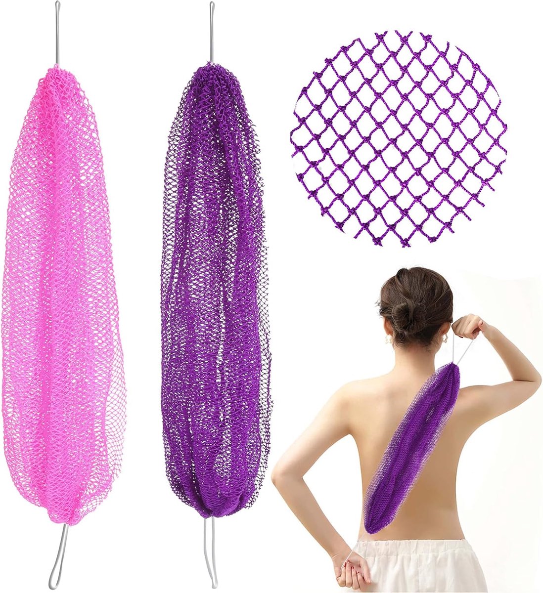 SnelShoppen - 2 Stuks Authentieke Afrikaanse Net Spons, Douche Spons Body Scrub, Exfoliatie Accessoires, Puur Natuurlijke Materialen, Paars & Roze, Id