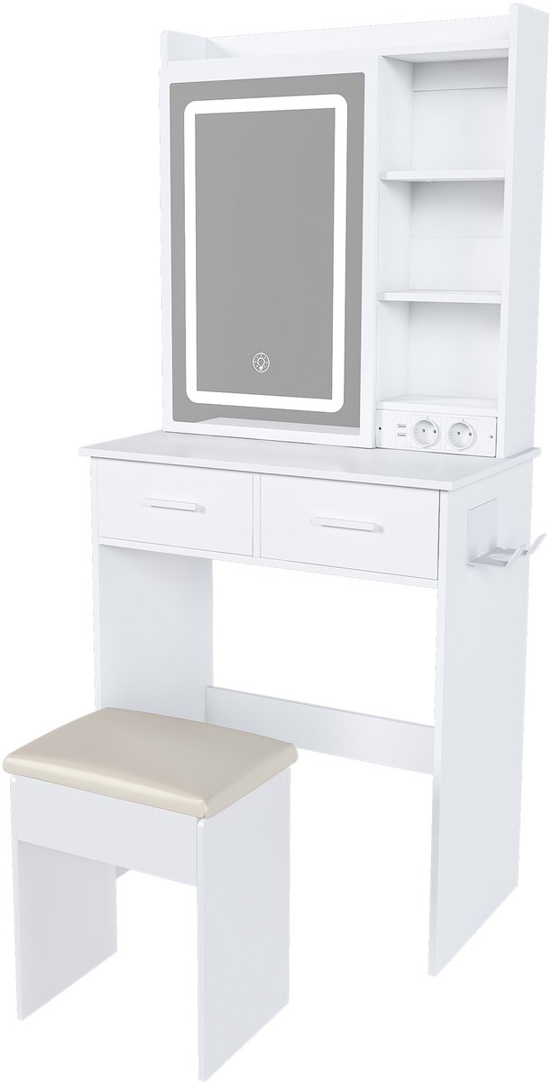 COVREO Kaptafel 60x36x136 cm wit MDF met LED-spiegel, 2 lades, USB, stopcontact en kruk