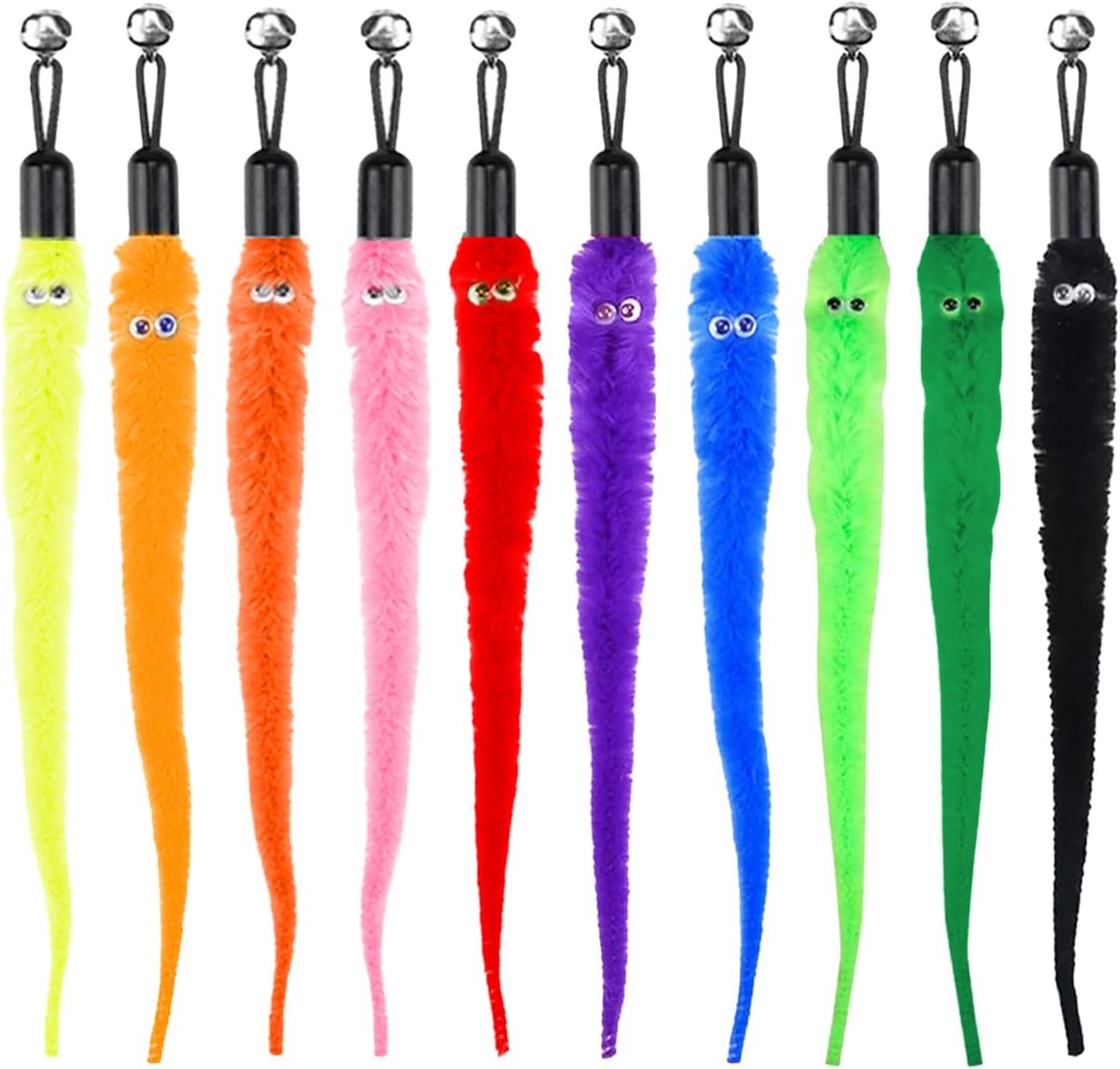 SnelShoppen - 10 Stuks Kat Worm Speelgoed Vervangingen, Pluche Cat Wand Accessoires, Veilig en Milieuvriendelijk, Kleurige Wormen voor Binnengebruik