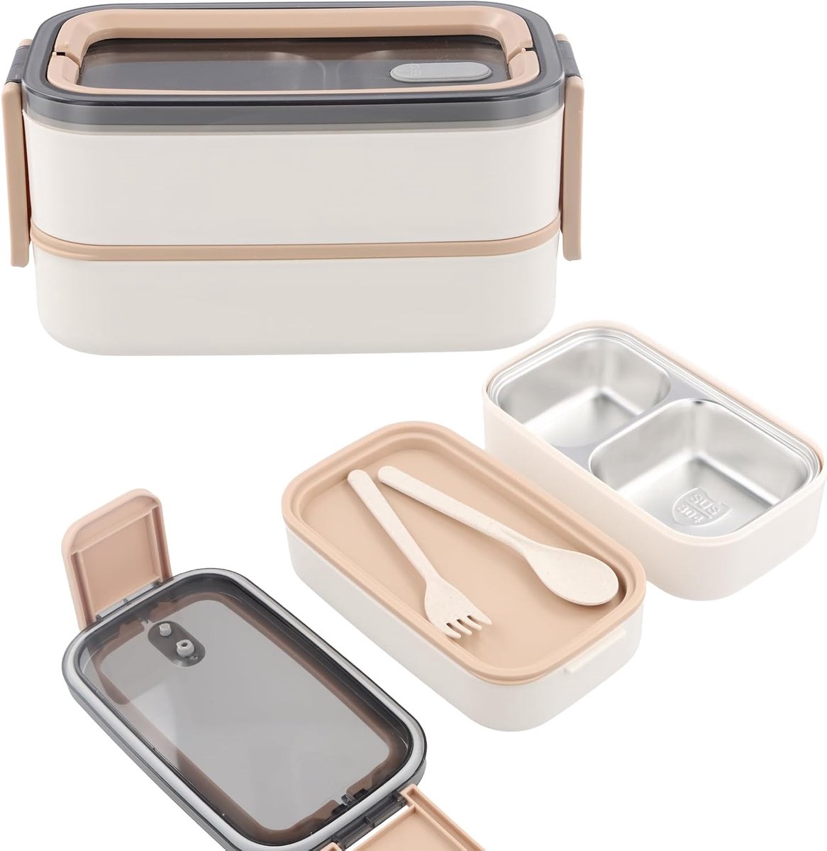 SnelShoppen - Bento RVS Lunch Box, 2 Laags met Compartimenten, BPA-Vrij, Milieu-Vriendelijke Lunch Box voor Volwassenen en Kinderen, Lekvrij en Magnet