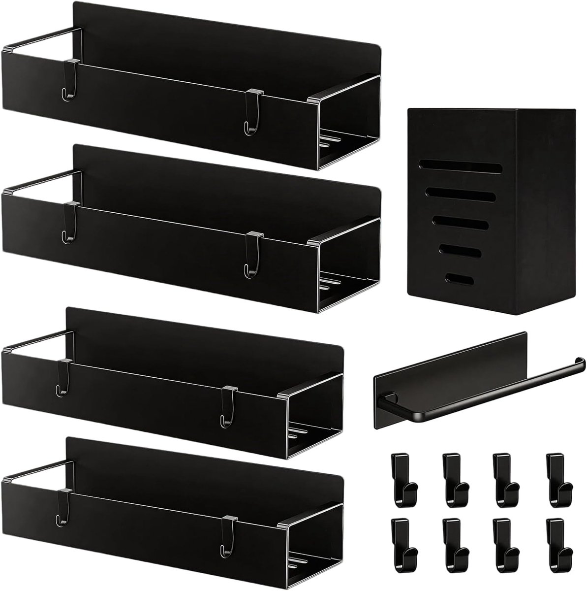 SnelShoppen - Magnetisch Kruidenrek voor aan de Muur - 6 Stuks, Zonder Boren, Hoogwaardig Metaal, Inclusief 8 Haken en 2 Rolstandaarden, Multifunction