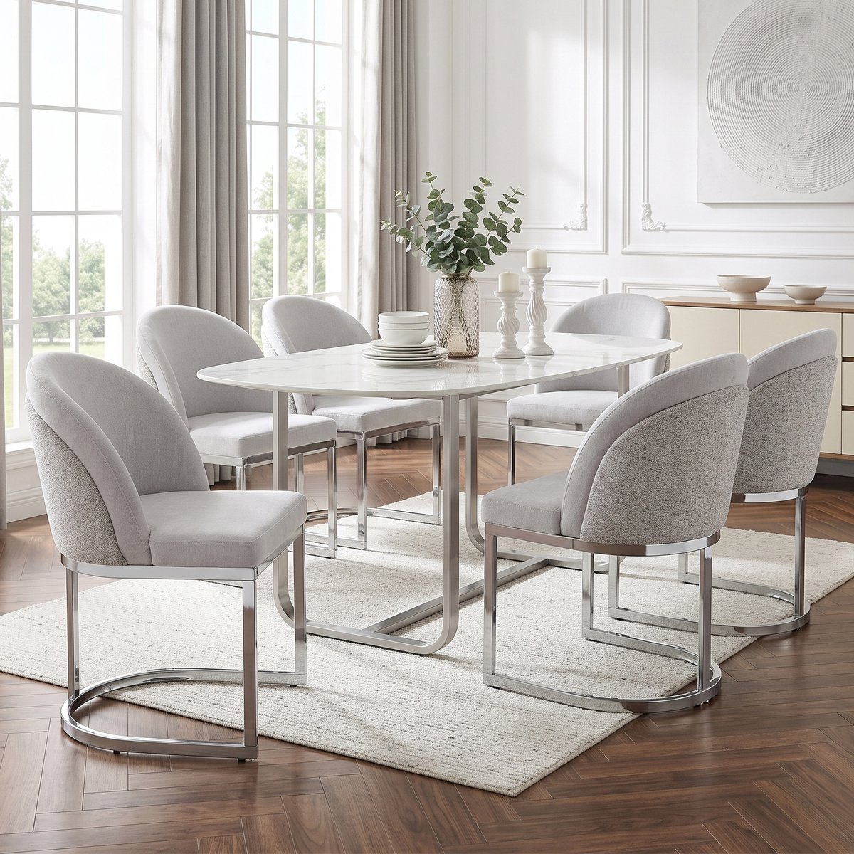Pugsdrly 6 eetkamerstoelen, comfortabel en ademend, geschikt voor restaurants, woonkamers, cafés en andere locaties, moderne stijl, zilver gegalvaniseerde stoelpoten, chenille-stof, lichtgrijs + zilver,Zonder de tafel